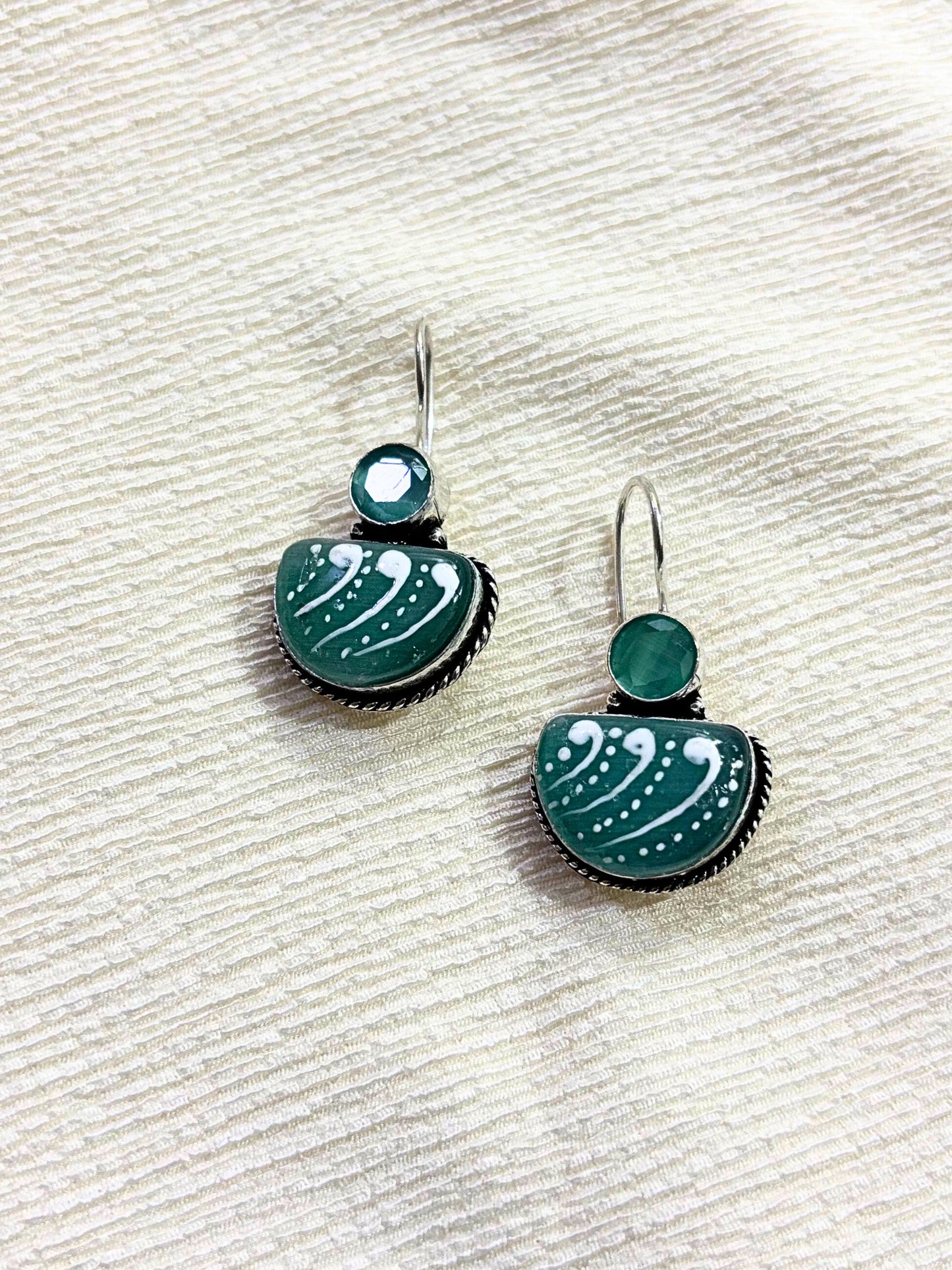 Elegant Green Enamel German Silver Earrings