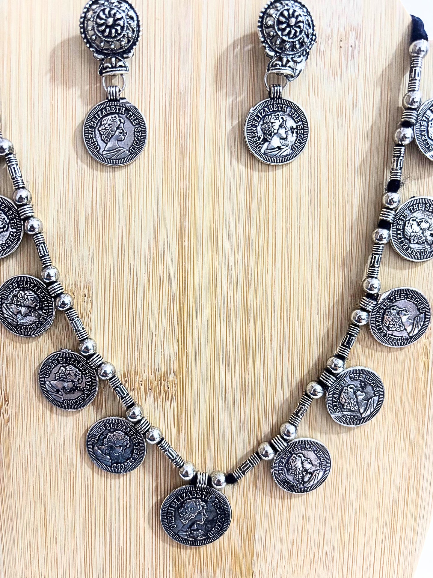 Vintage Charm Oxidised Coin Necklace Set