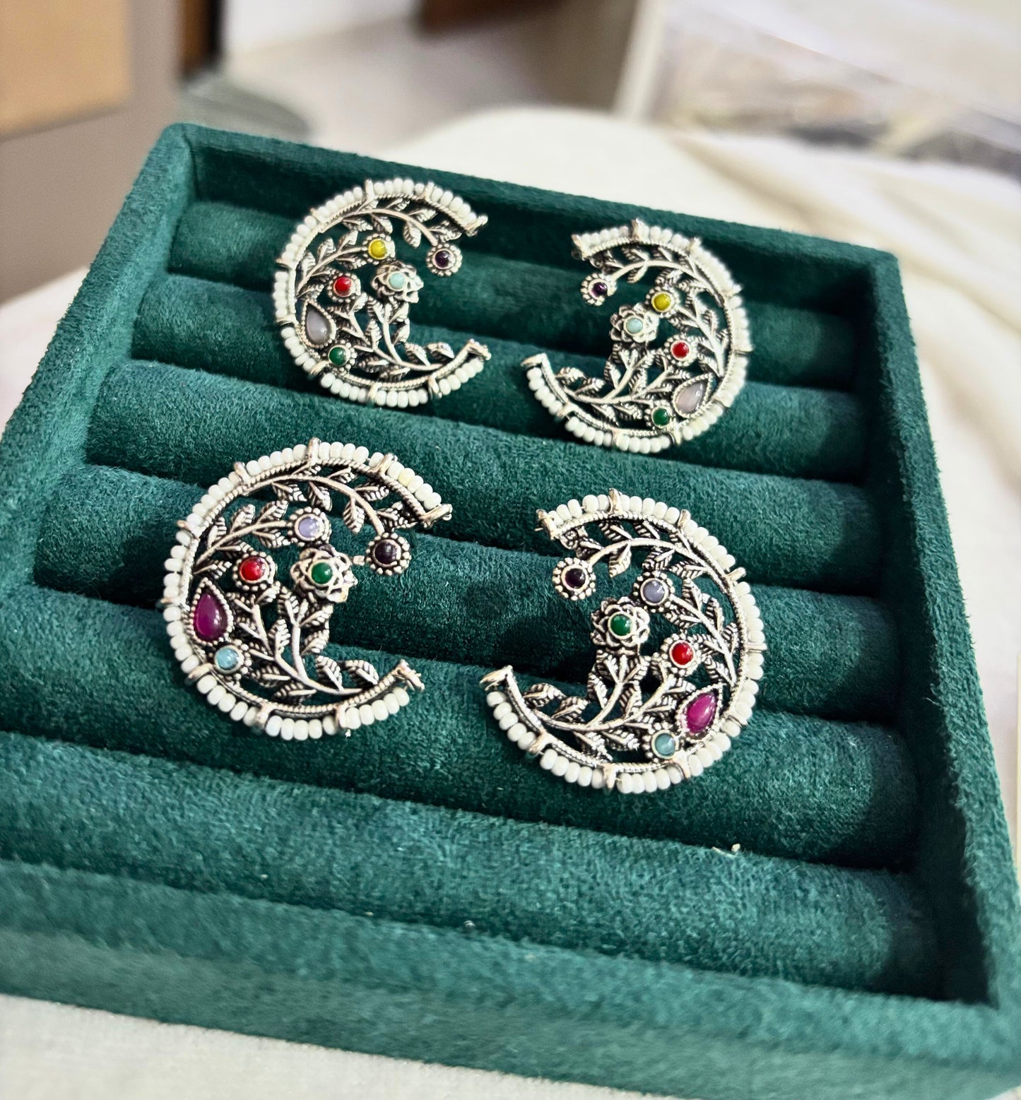 Oxidised Crescent Earrings with Multi-Colour Stones