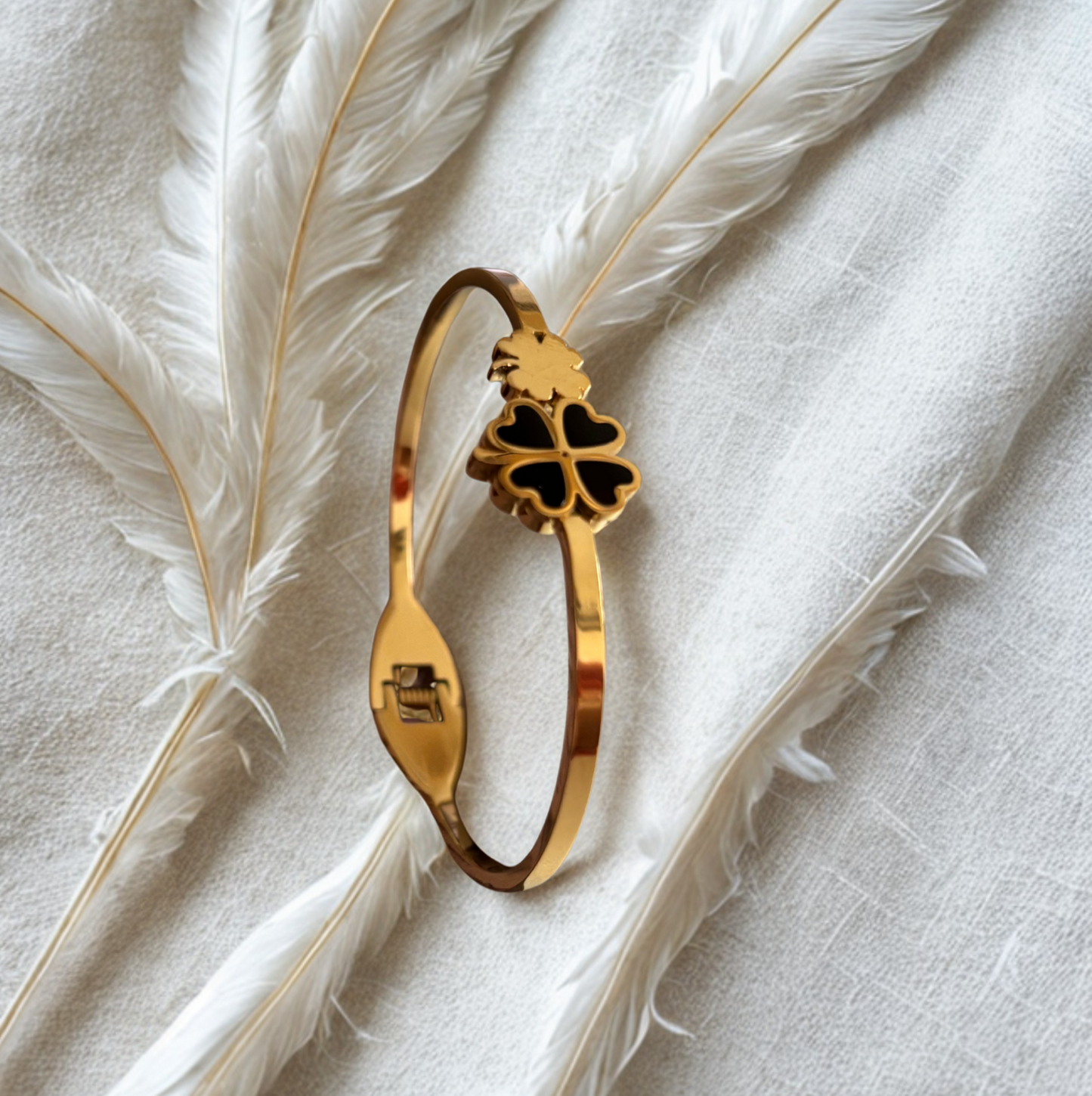 Stainless steel black flower design gold kada
