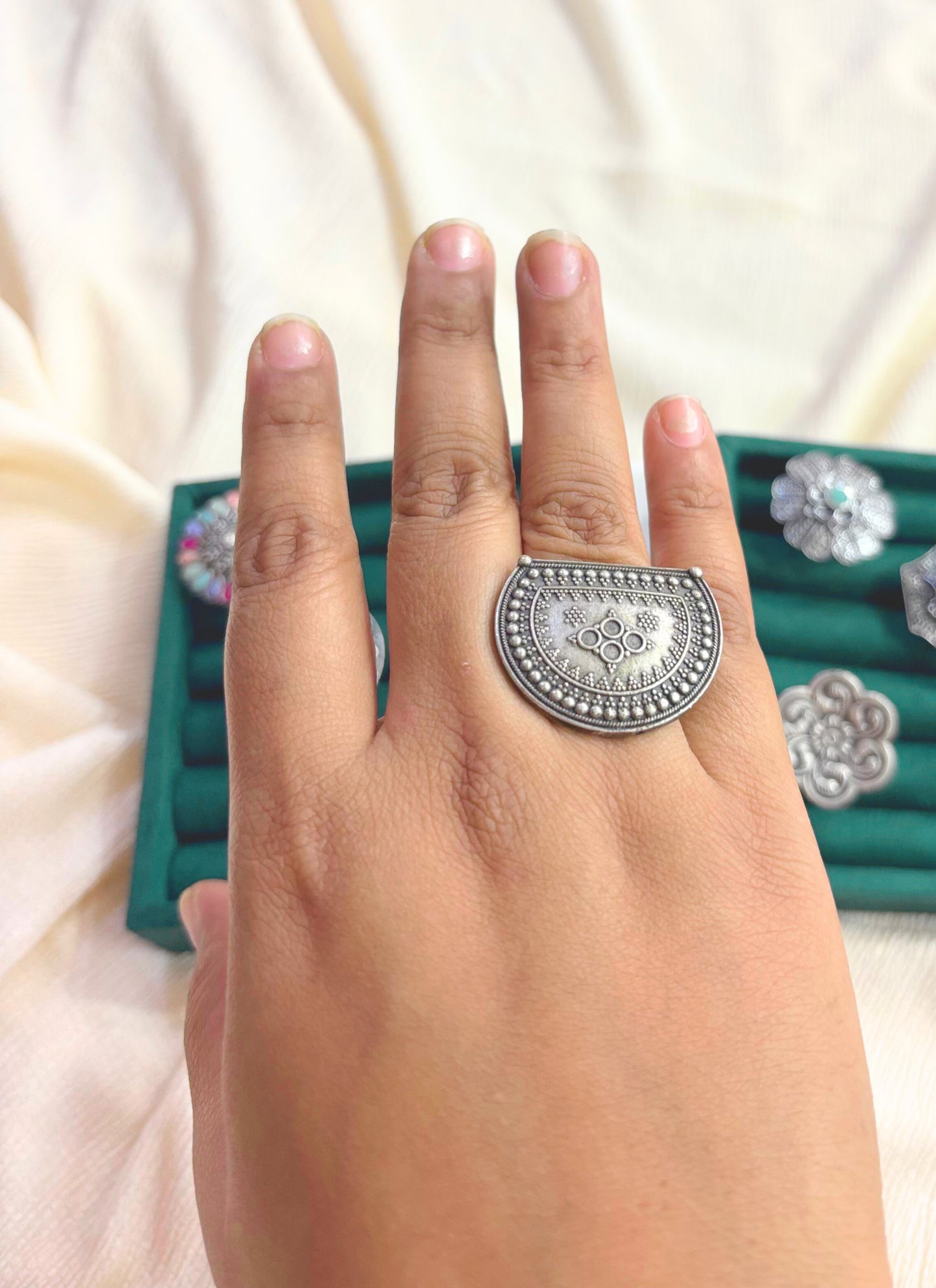 Half Moon Oxidised Ring – Antique Semi-Circular Design