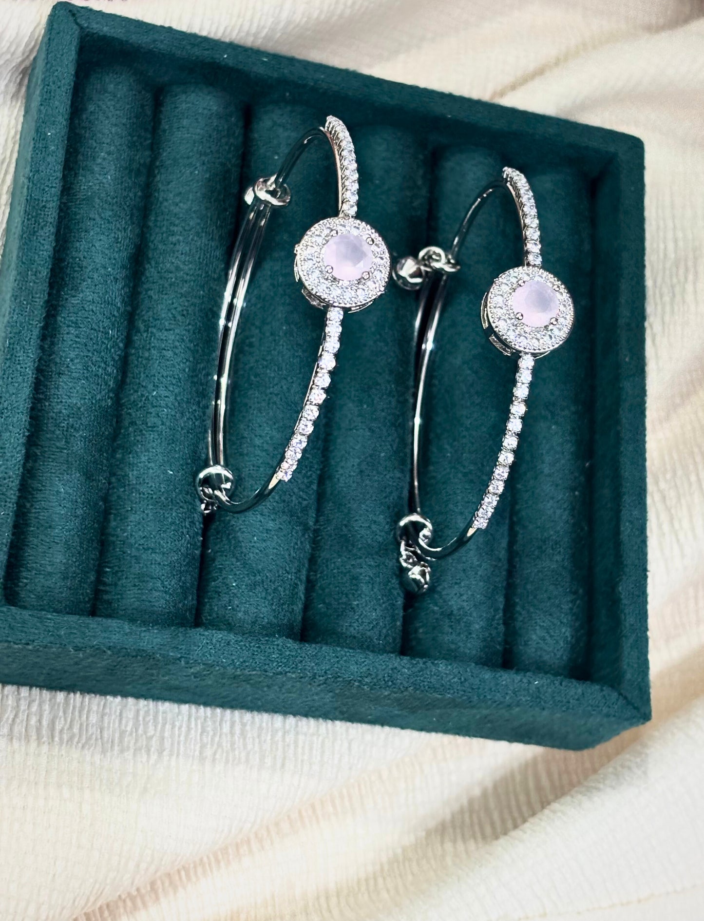 Elegant Silver CZ Kada Pair with Pastel Center Stone