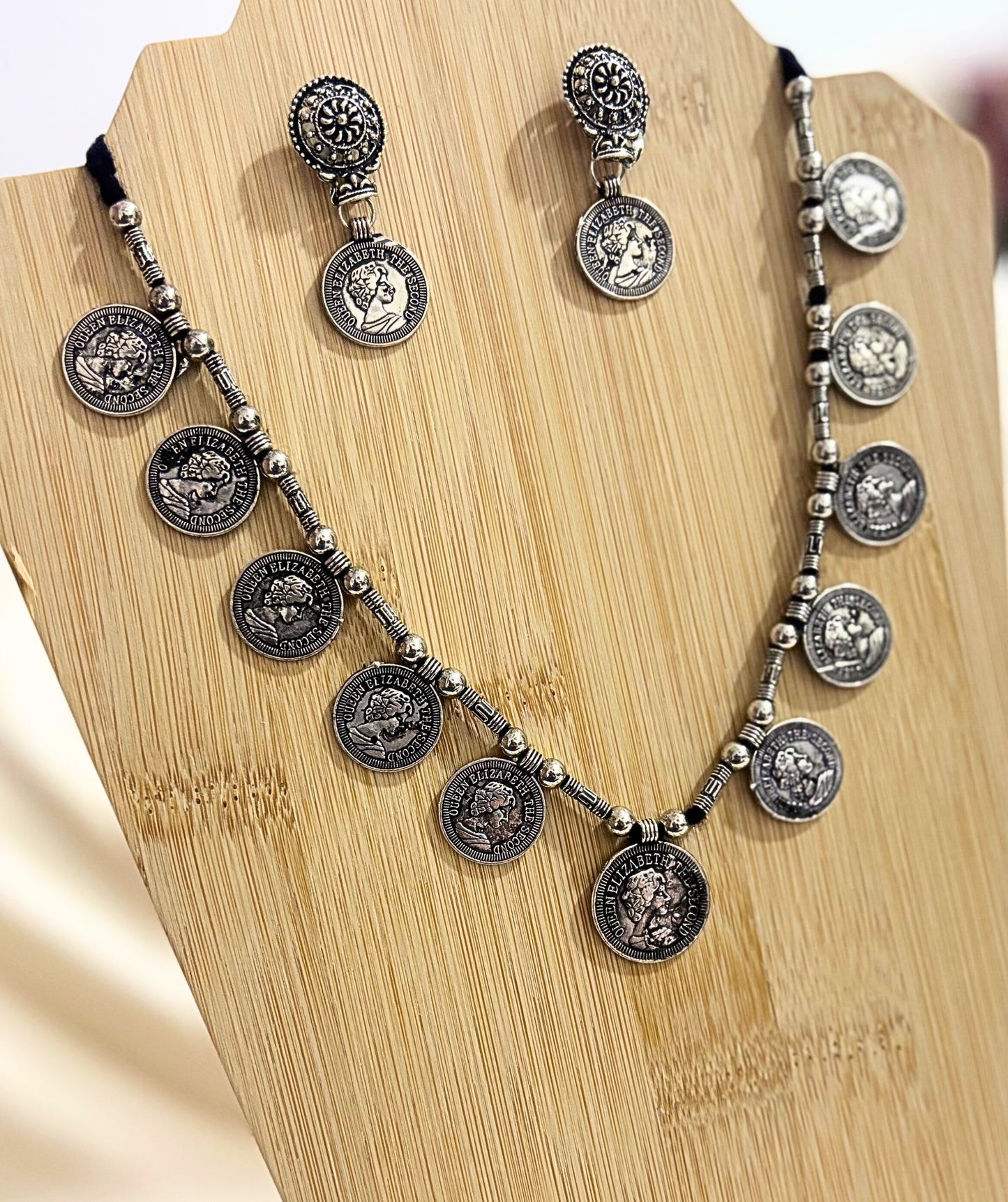 Vintage Charm Oxidised Coin Necklace Set