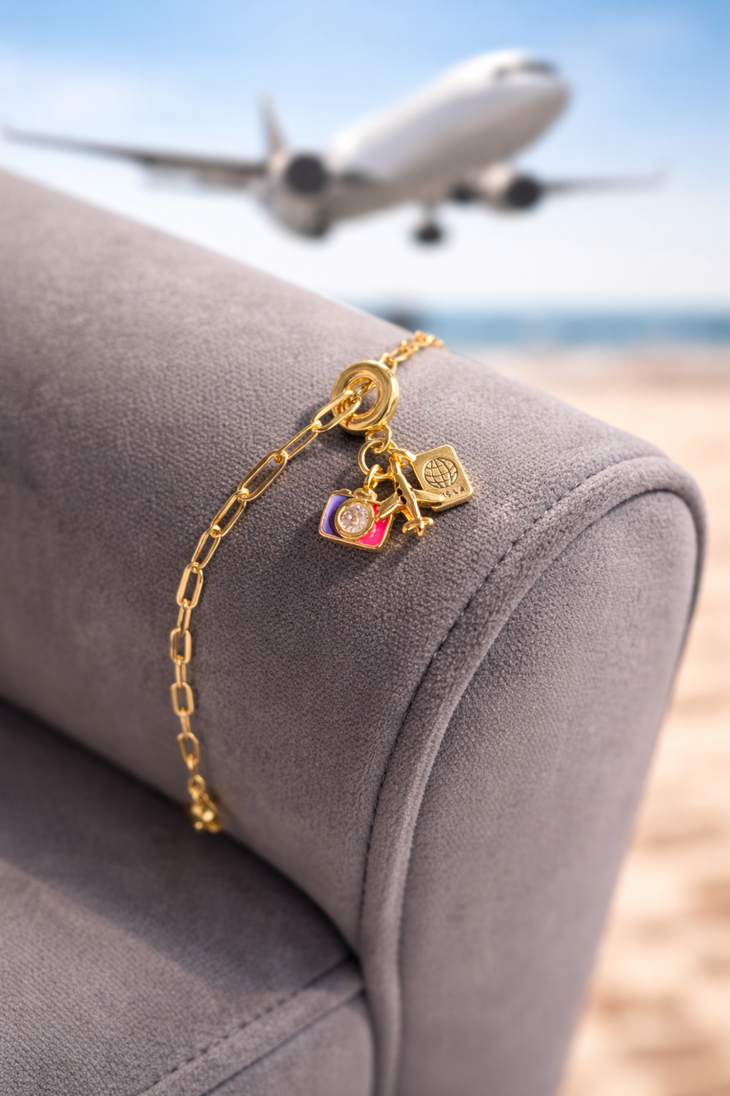 Stainless Steel Travel Charm Bracelet – Gold Finish