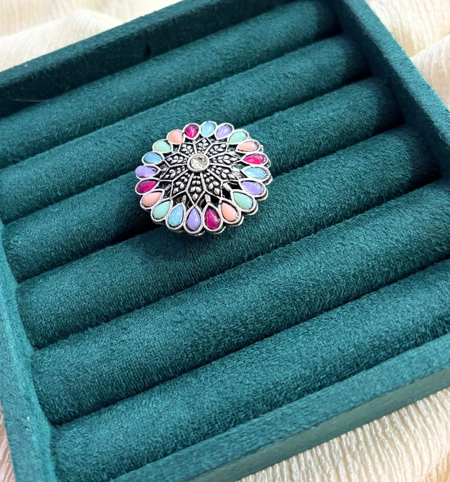 Round Shaped Oxidised Ring with Multicolor Beads.
