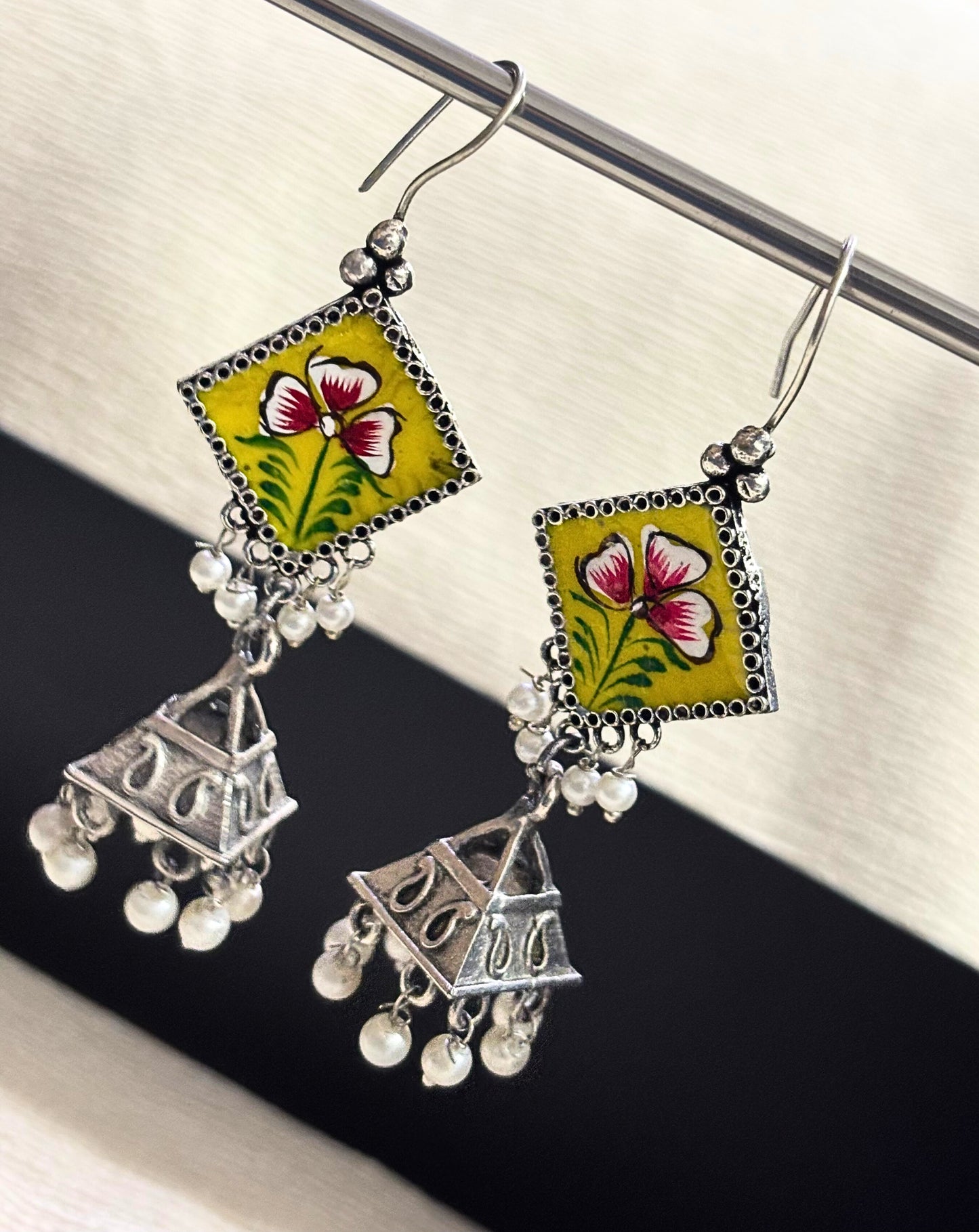 Hand-Painted Blossom Charm Oxidised Earrings