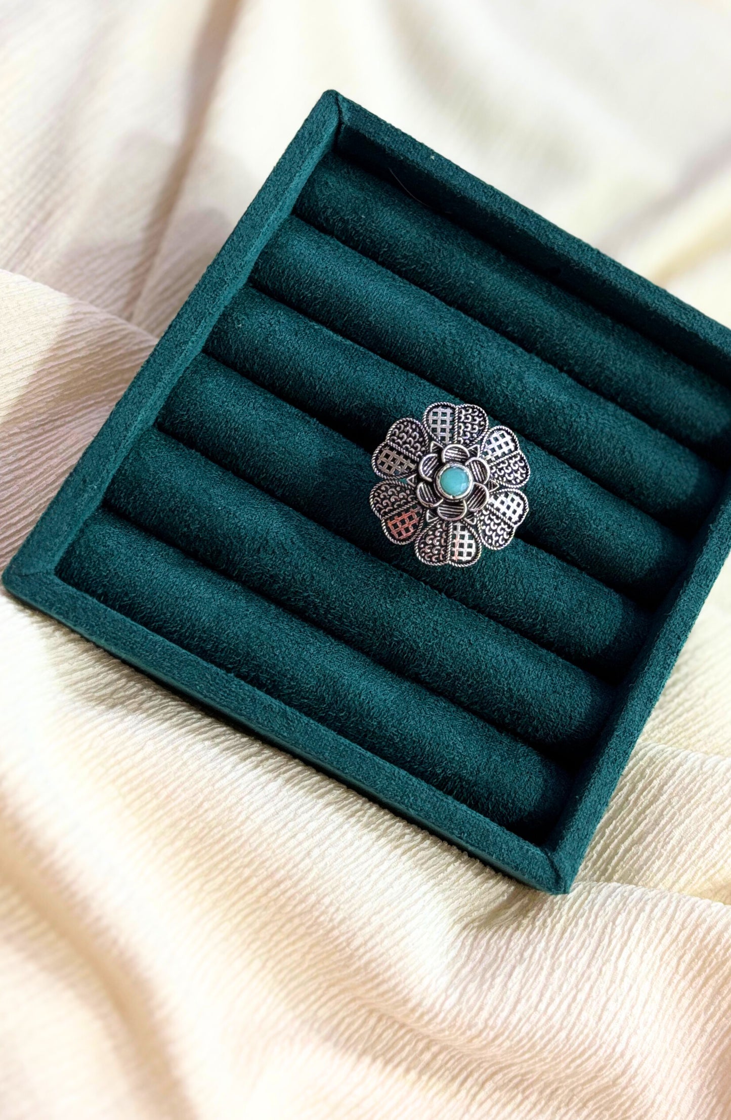 Vintage Floral Oxidised Ring with Green Accent