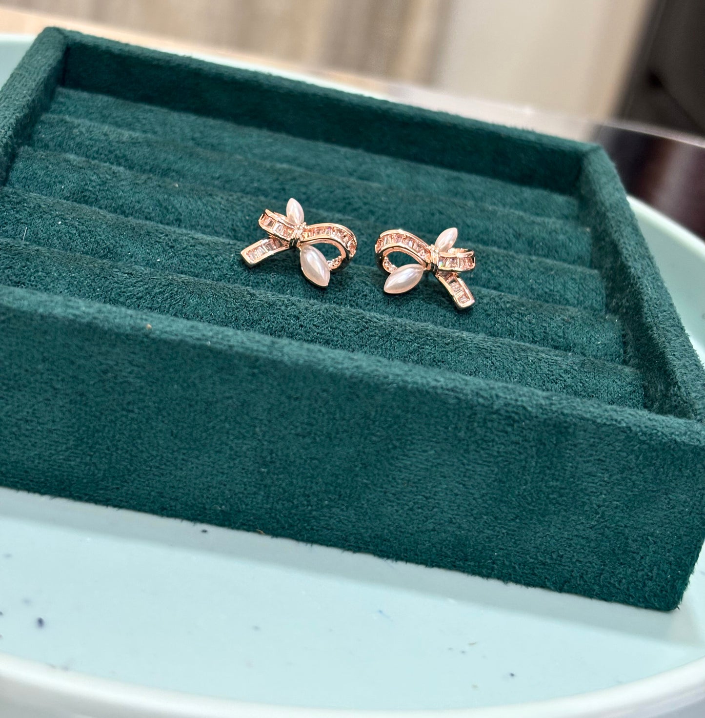 Ribbon Stud Earrings with Pearl Accents