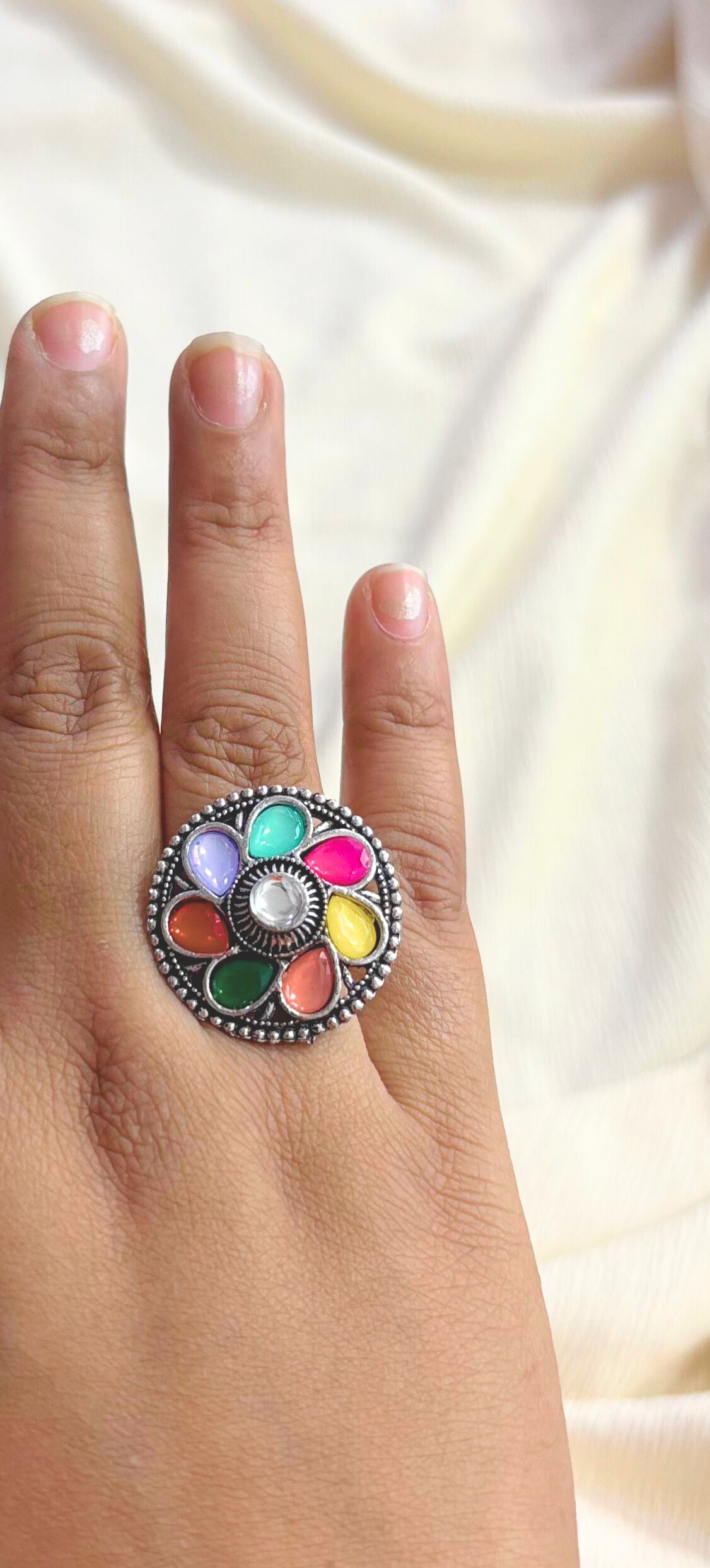 Oxidised Silver Flower Ring – Multicolor Stone/Bead Accents