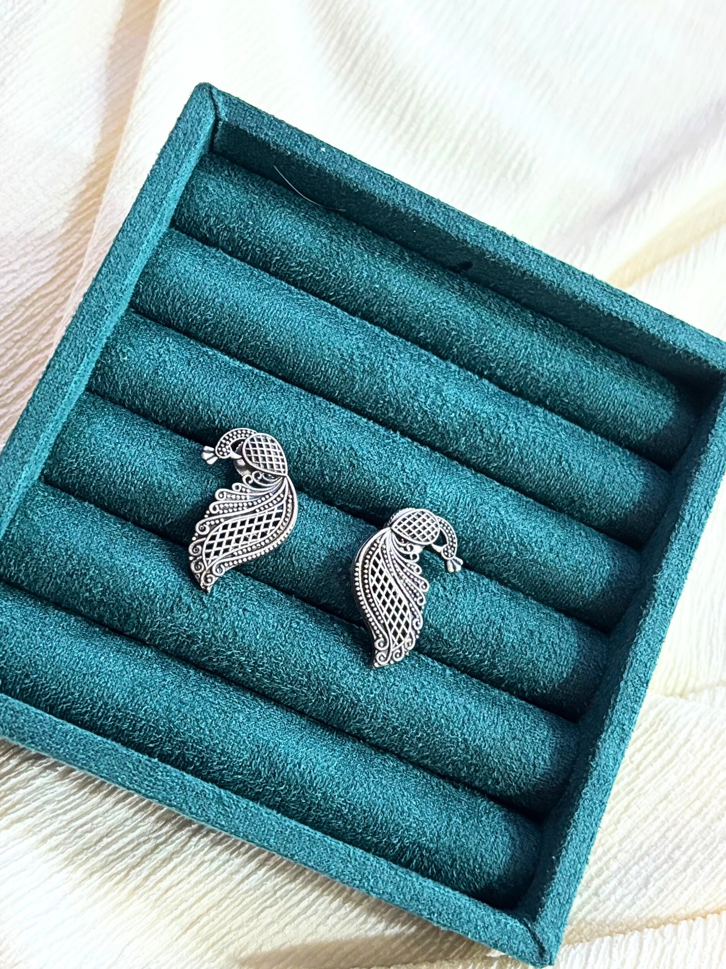 Graceful Peacock Oxidised Studs