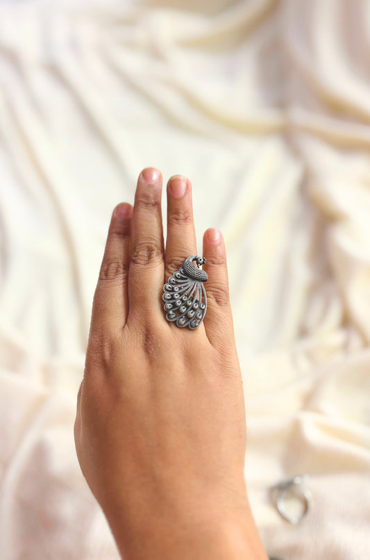 Oxidised Silver Peacock Ring