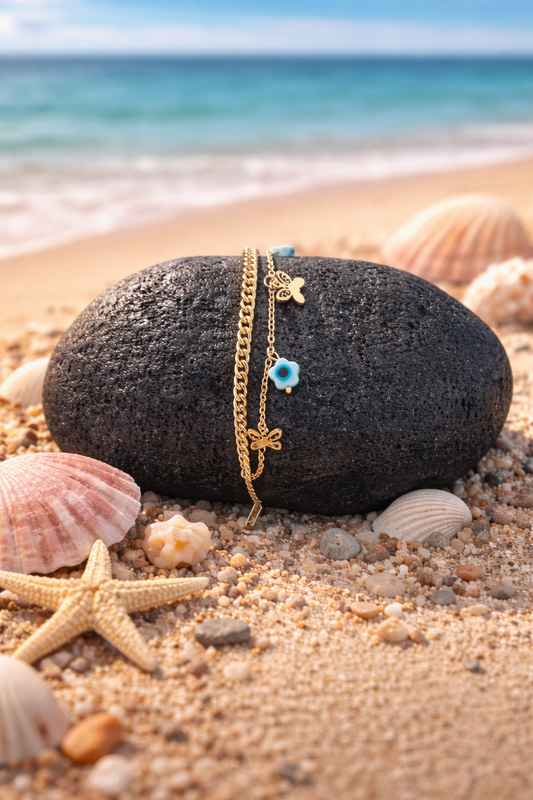 Stainless Steel Charm Bracelet – Butterfly & Evil Eye