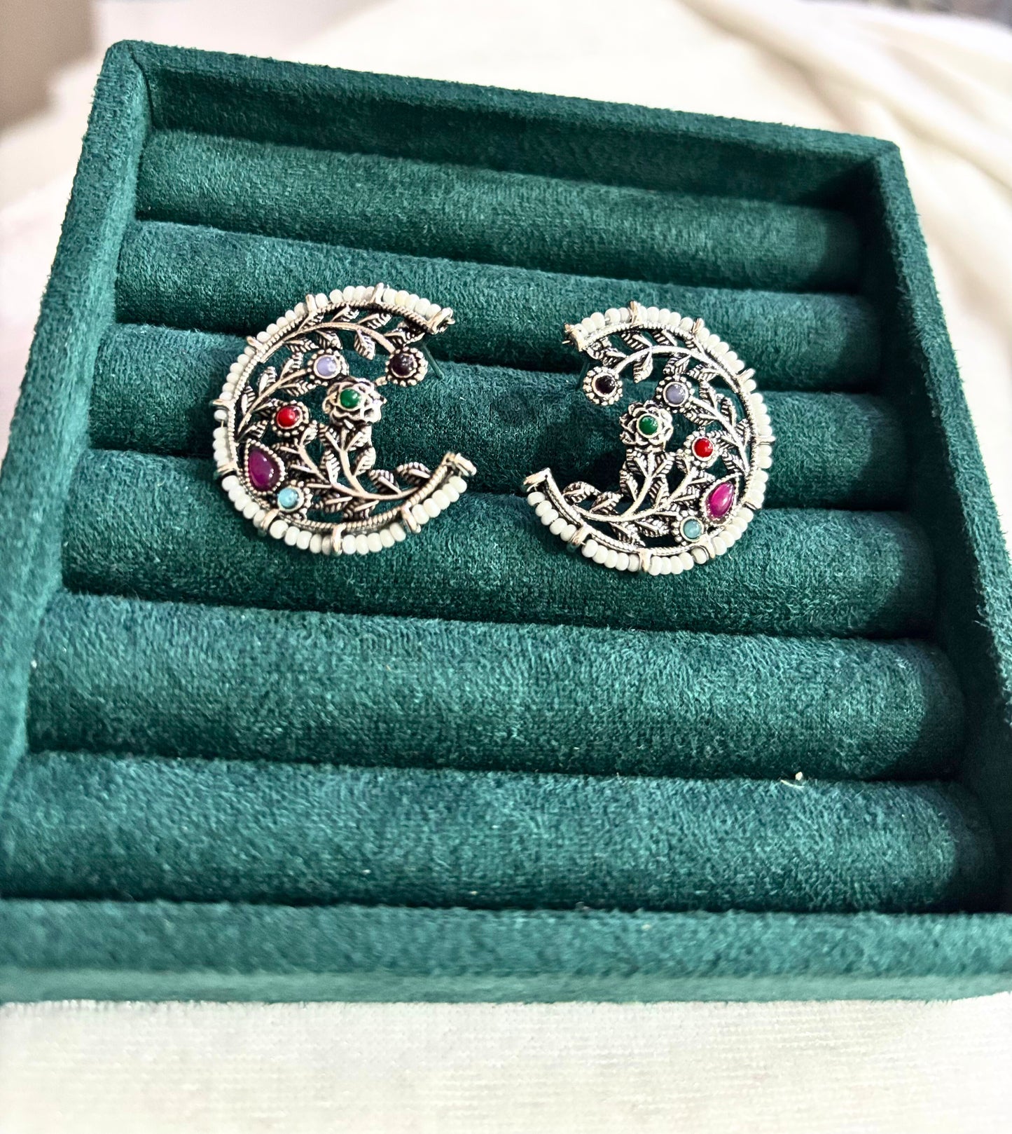 Oxidised Crescent Earrings with Multi-Colour Stones