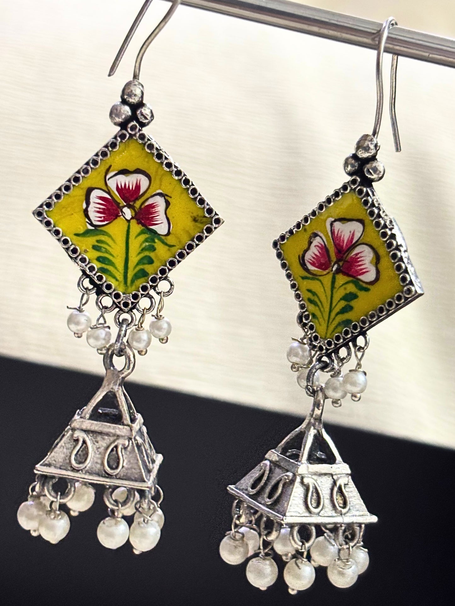 Hand-Painted Blossom Charm Oxidised Earrings