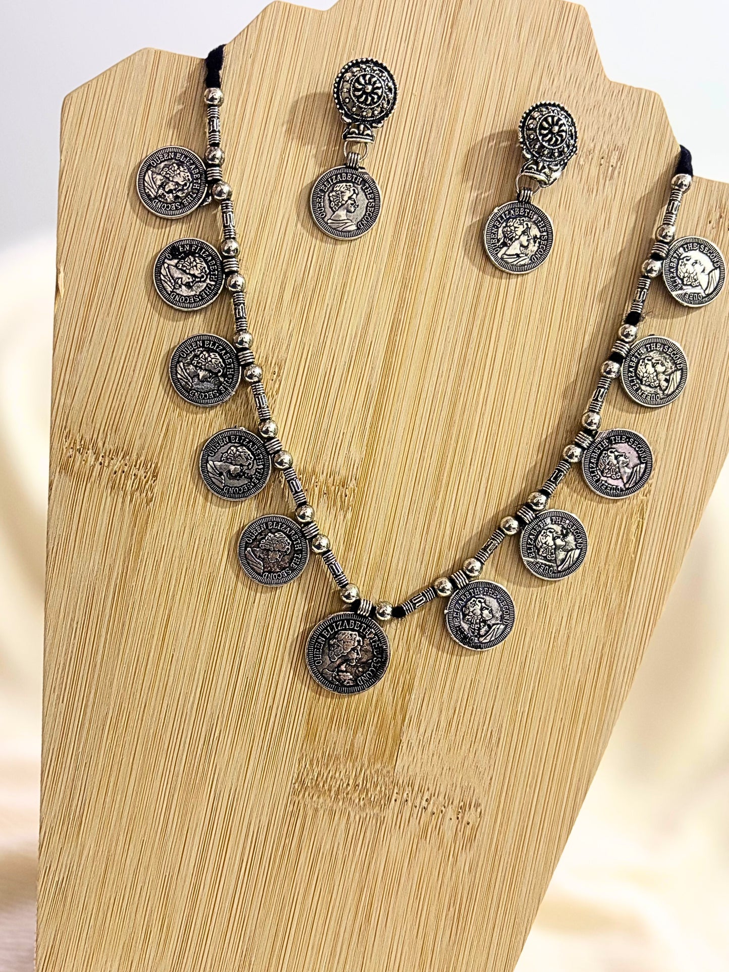 Vintage Charm Oxidised Coin Necklace Set