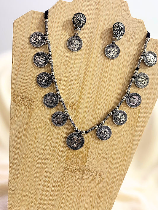 Vintage Charm Oxidised Coin Necklace Set