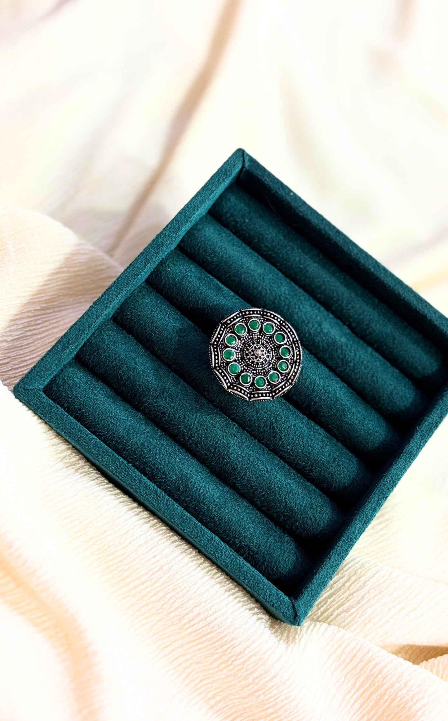 Oxidised Ring with Green Bead Center – Adjustable Ethnic Jewellery