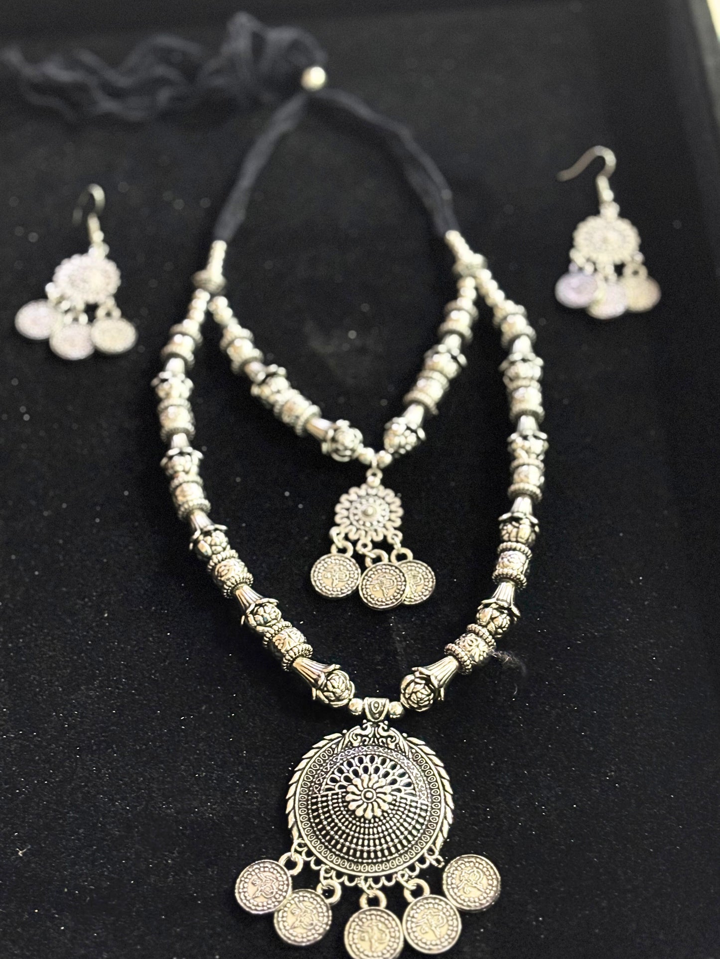 Regal Aura Oxidised Coin Necklace Set
