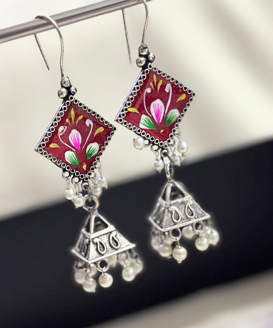 Hand-Painted Blossom Charm Oxidised Earrings