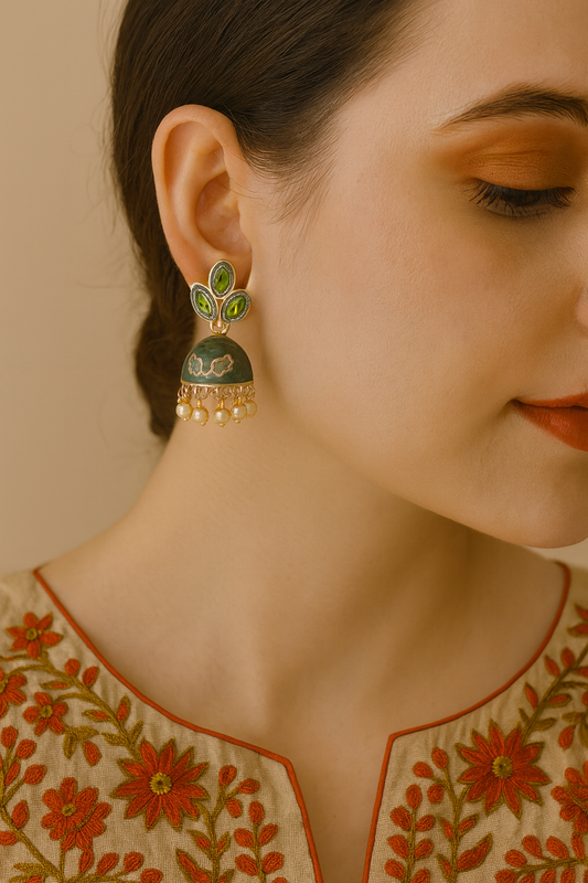 Enamel Jhumka Earrings with Pearl Drops