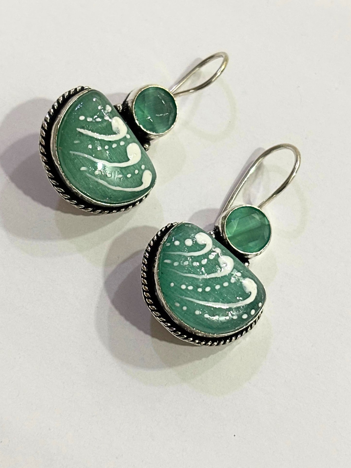 Elegant Green Enamel German Silver Earrings