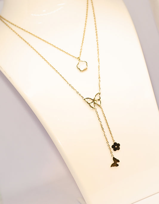 Stylish double chain with butterfly and flower pendant