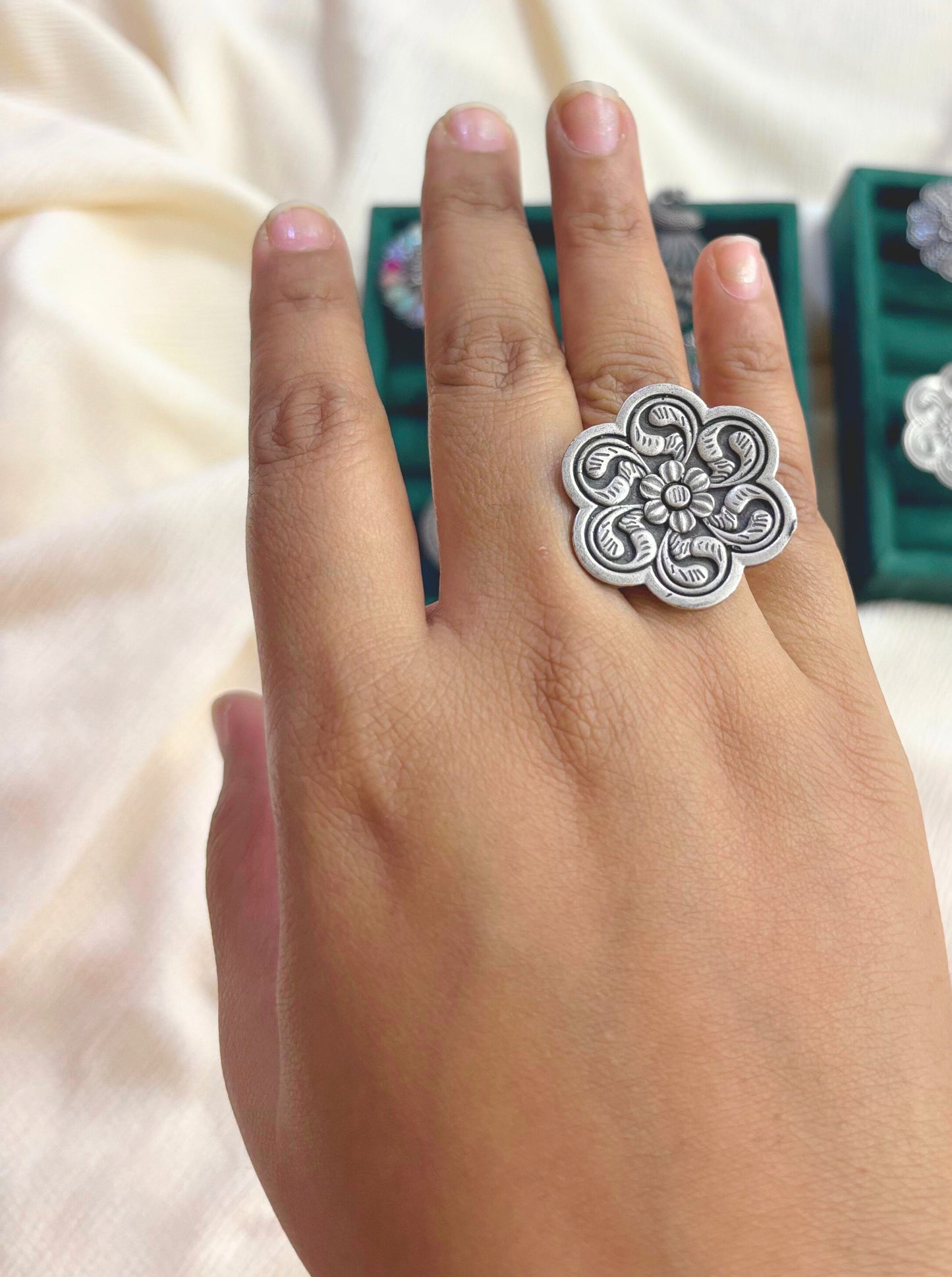 Double Flower Oxidised Ring – Floral Design with Center Flower