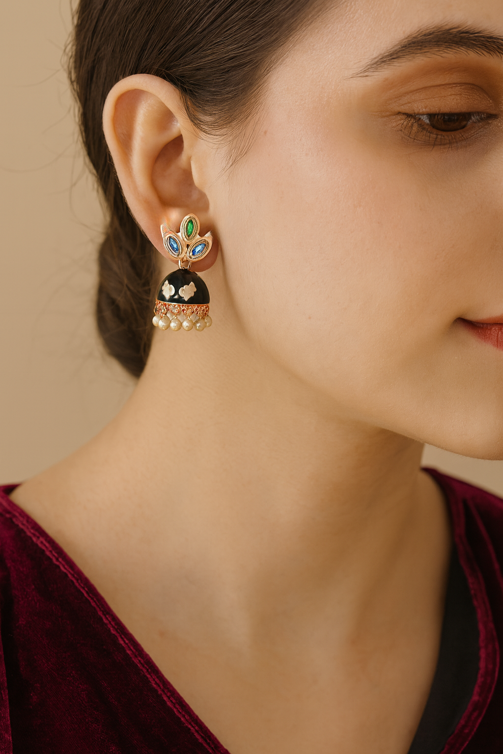 Enamel Jhumka Earrings with Pearl Drops