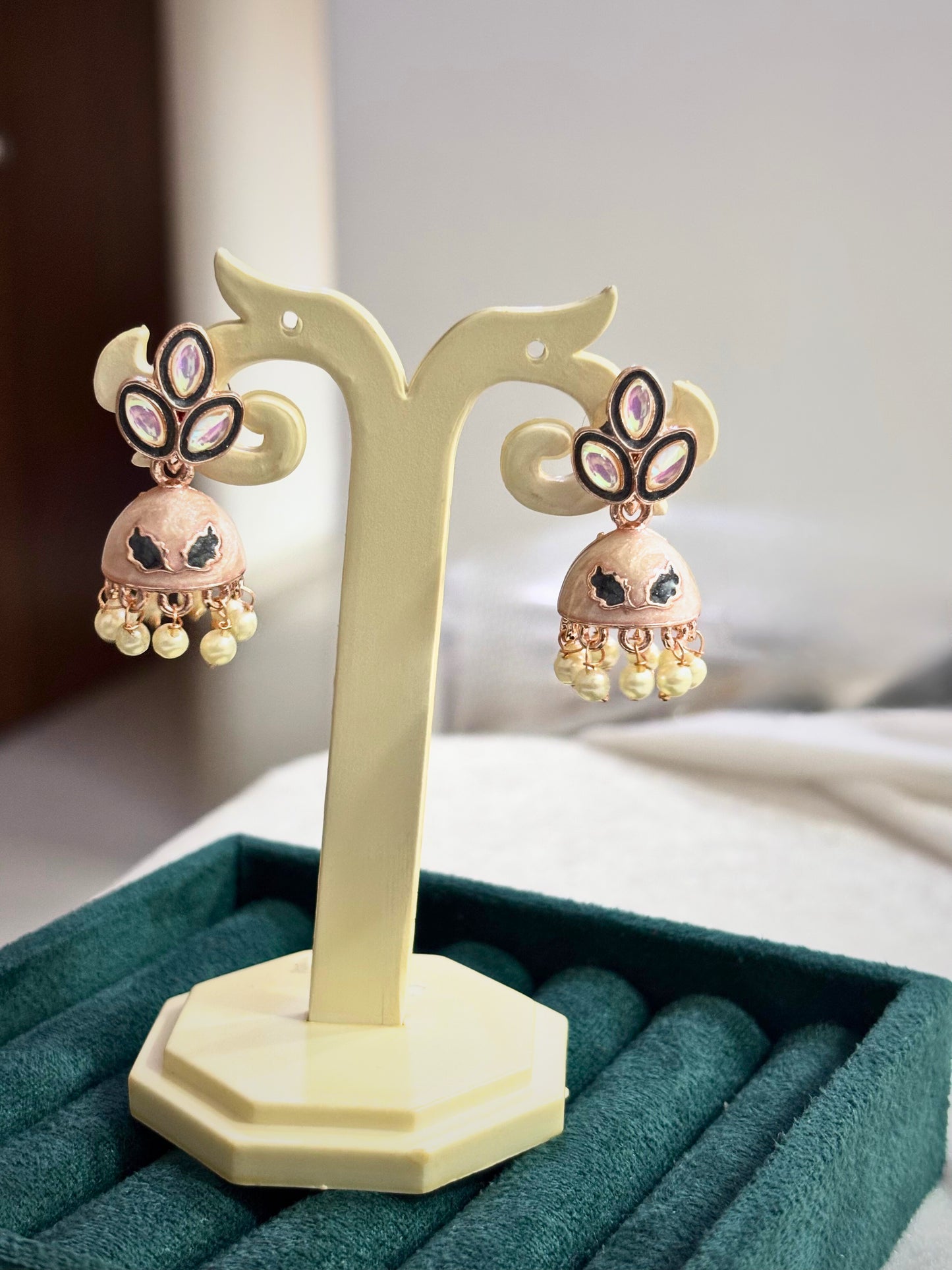 Enamel Jhumka Earrings with Pearl Drops