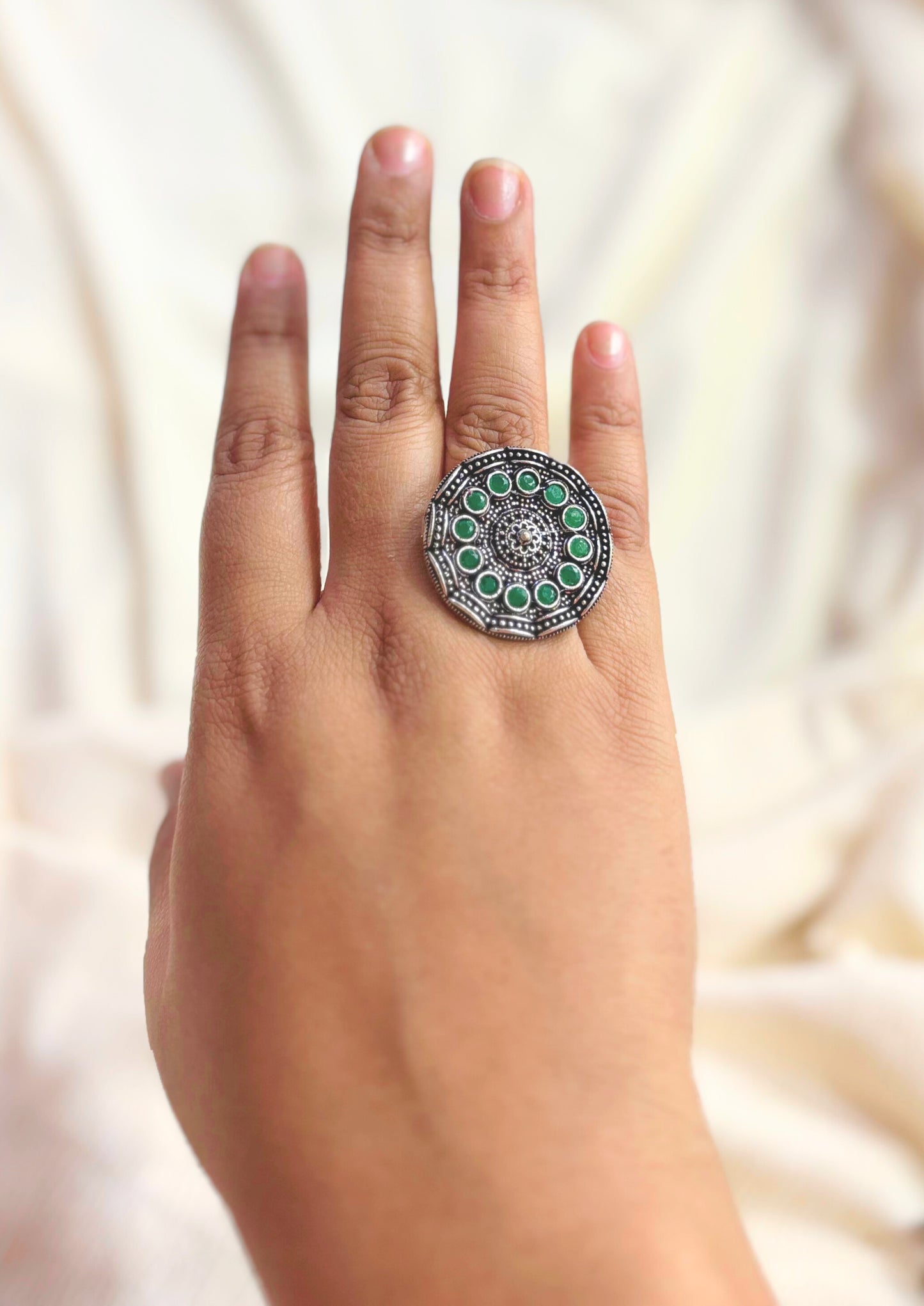 Oxidised Ring with Green Bead Center – Adjustable Ethnic Jewellery