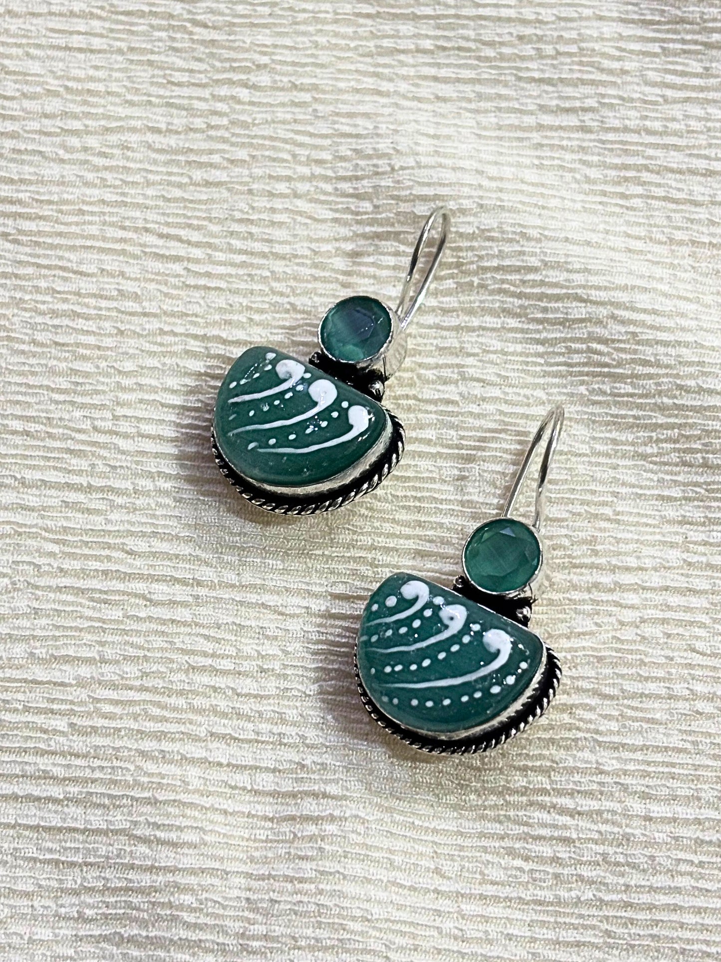 Elegant Green Enamel German Silver Earrings