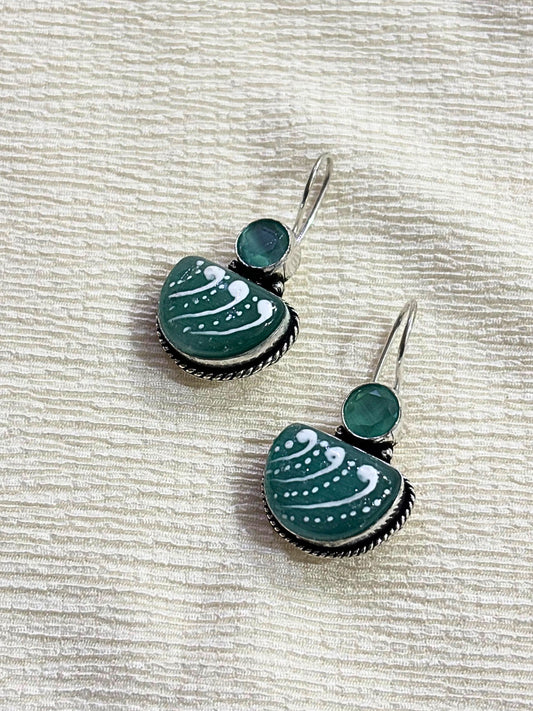 Elegant Green Enamel German Silver Earrings