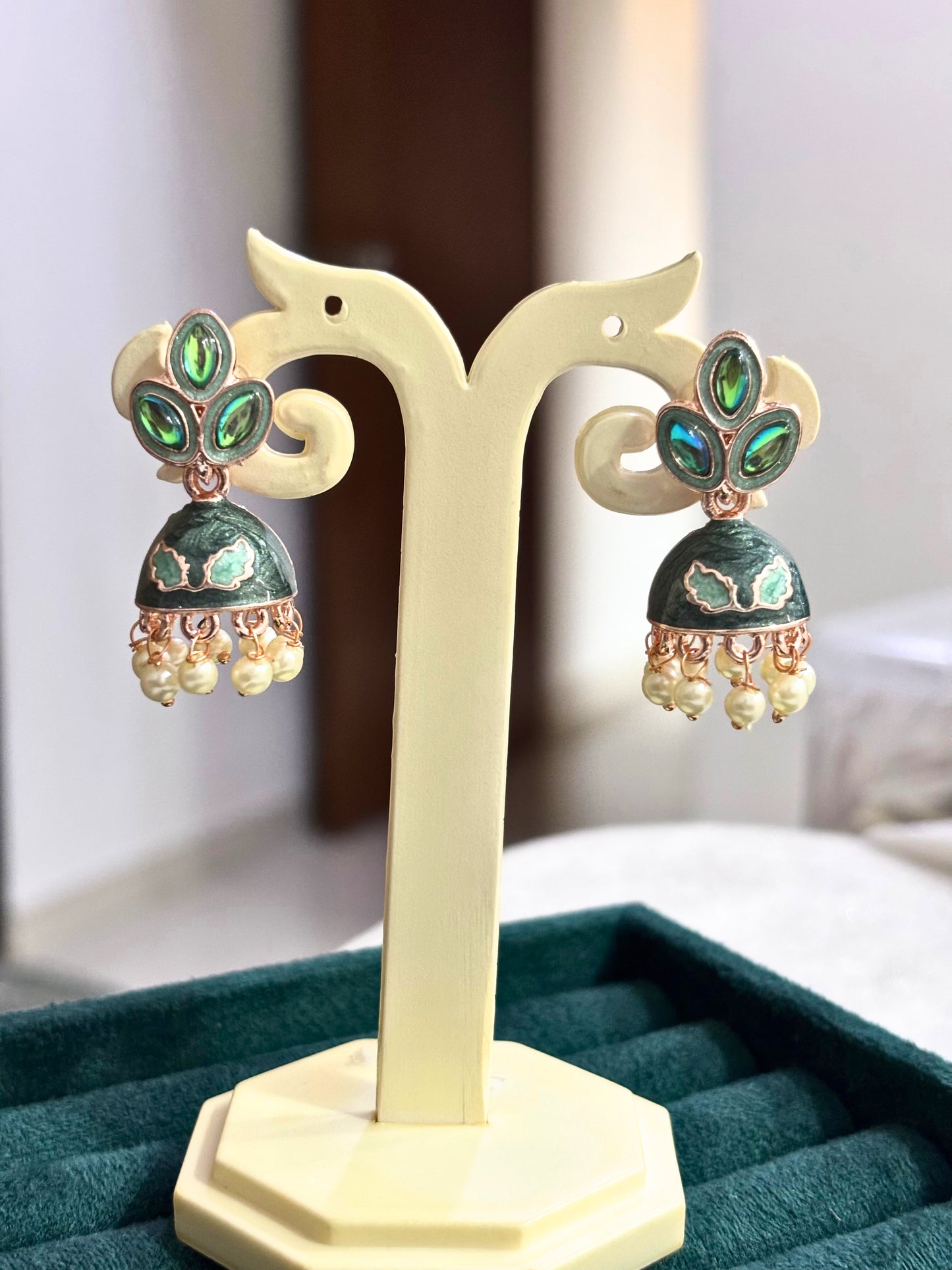 Enamel Jhumka Earrings with Pearl Drops