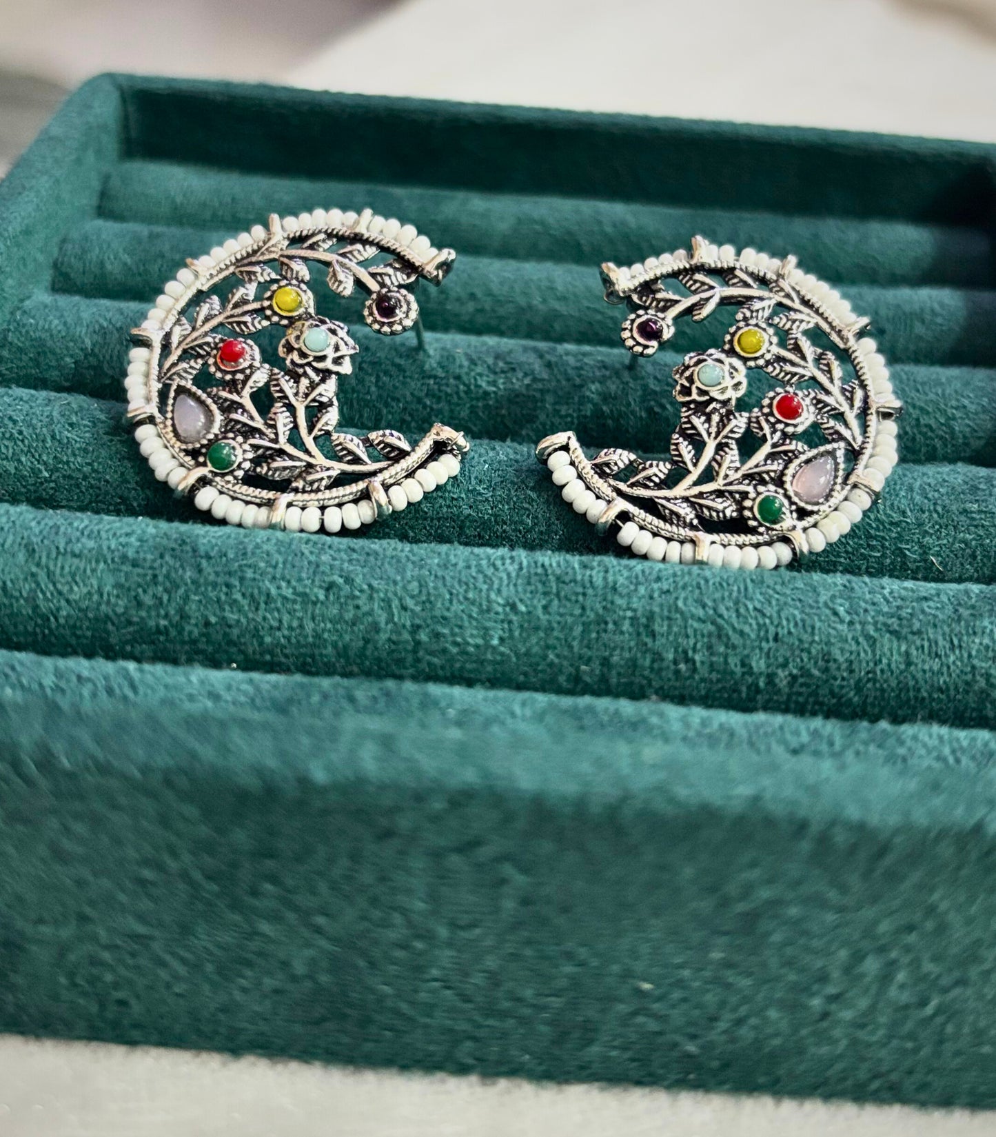 Oxidised Crescent Earrings with Multi-Colour Stones