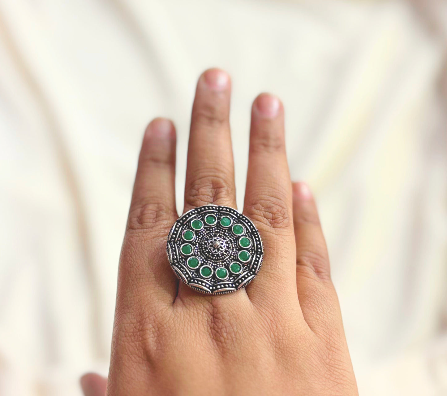 Oxidised Ring with Green Bead Center – Adjustable Ethnic Jewellery