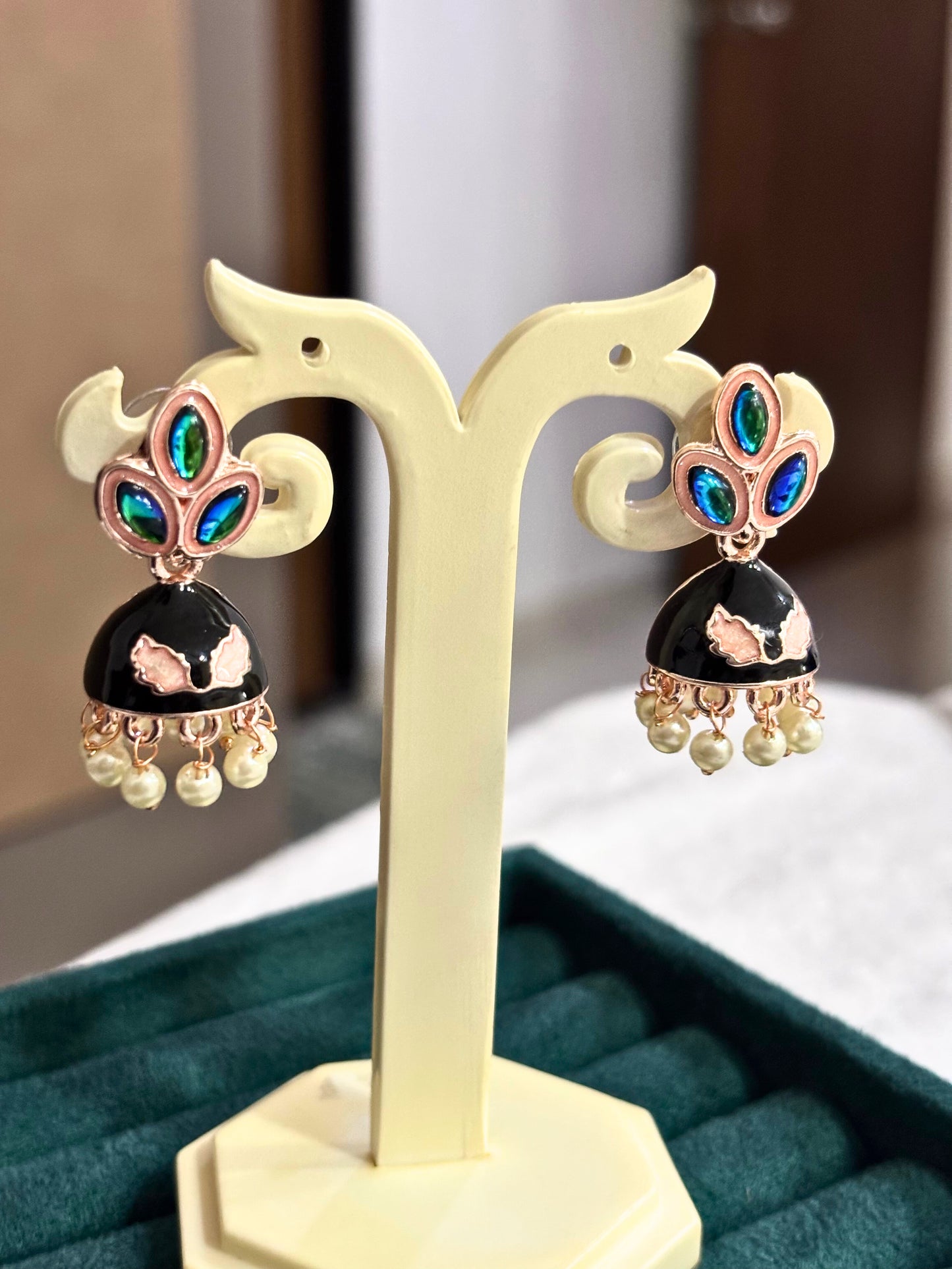 Enamel Jhumka Earrings with Pearl Drops