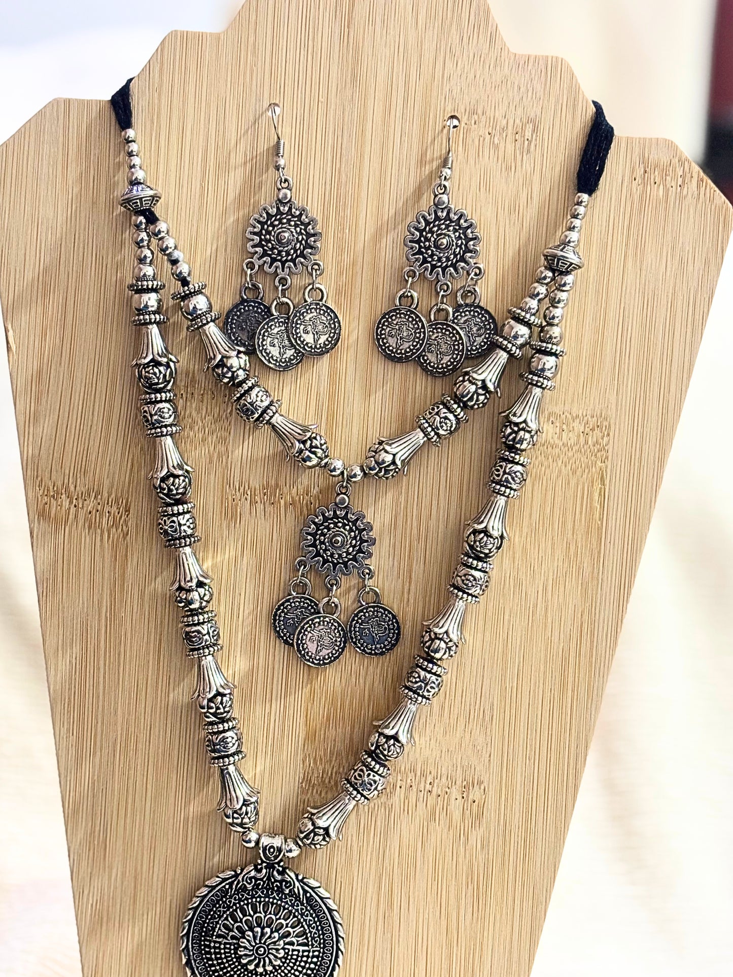 Regal Aura Oxidised Coin Necklace Set