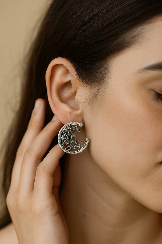 Oxidised Crescent Earrings with Multi-Colour Stones