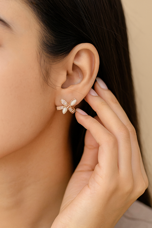 Ribbon Stud Earrings with Pearl Accents