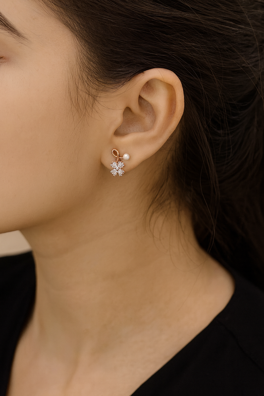 Rose Gold Floral Pearl Stud Earrings