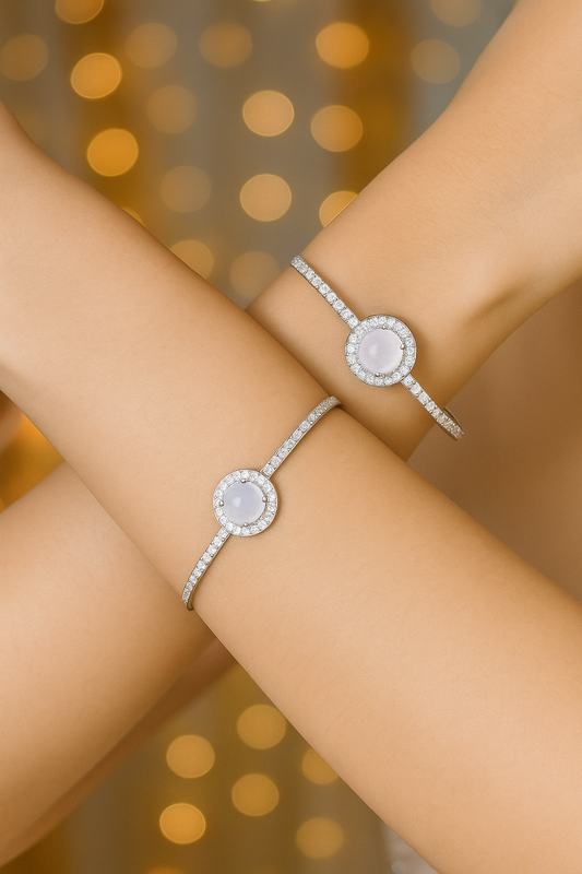 Elegant Silver CZ Kada Pair with Pastel Center Stone