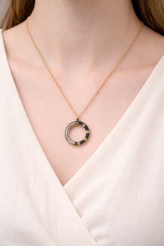 Stainless steel gold necklace with large ring
