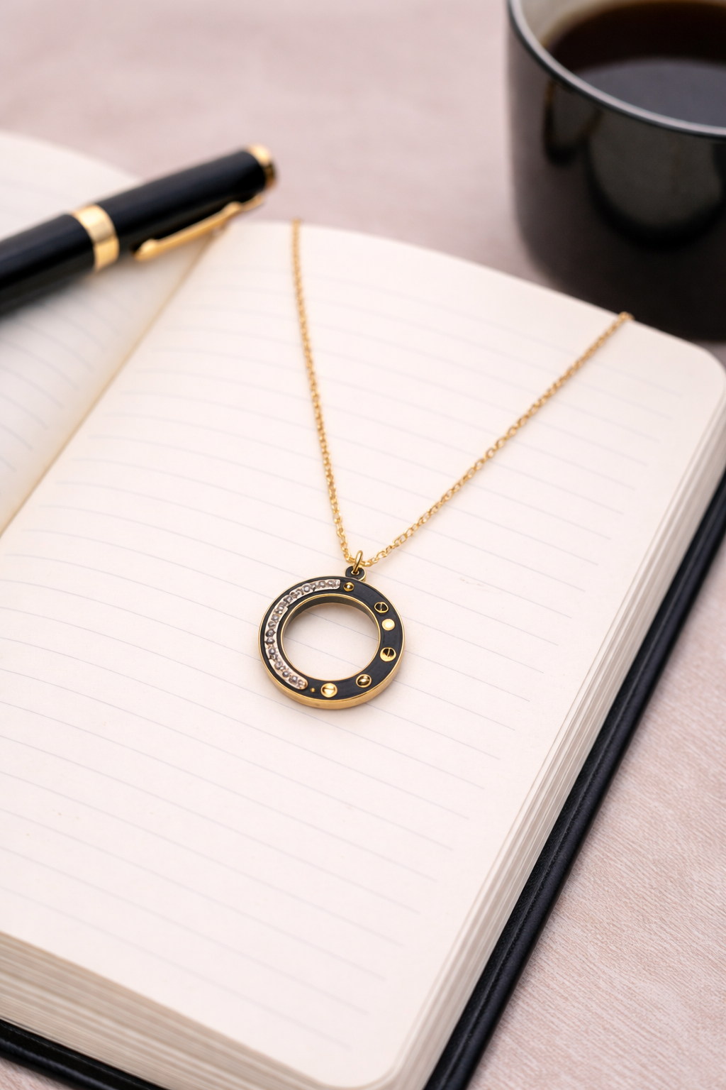 Stainless steel gold necklace with large ring