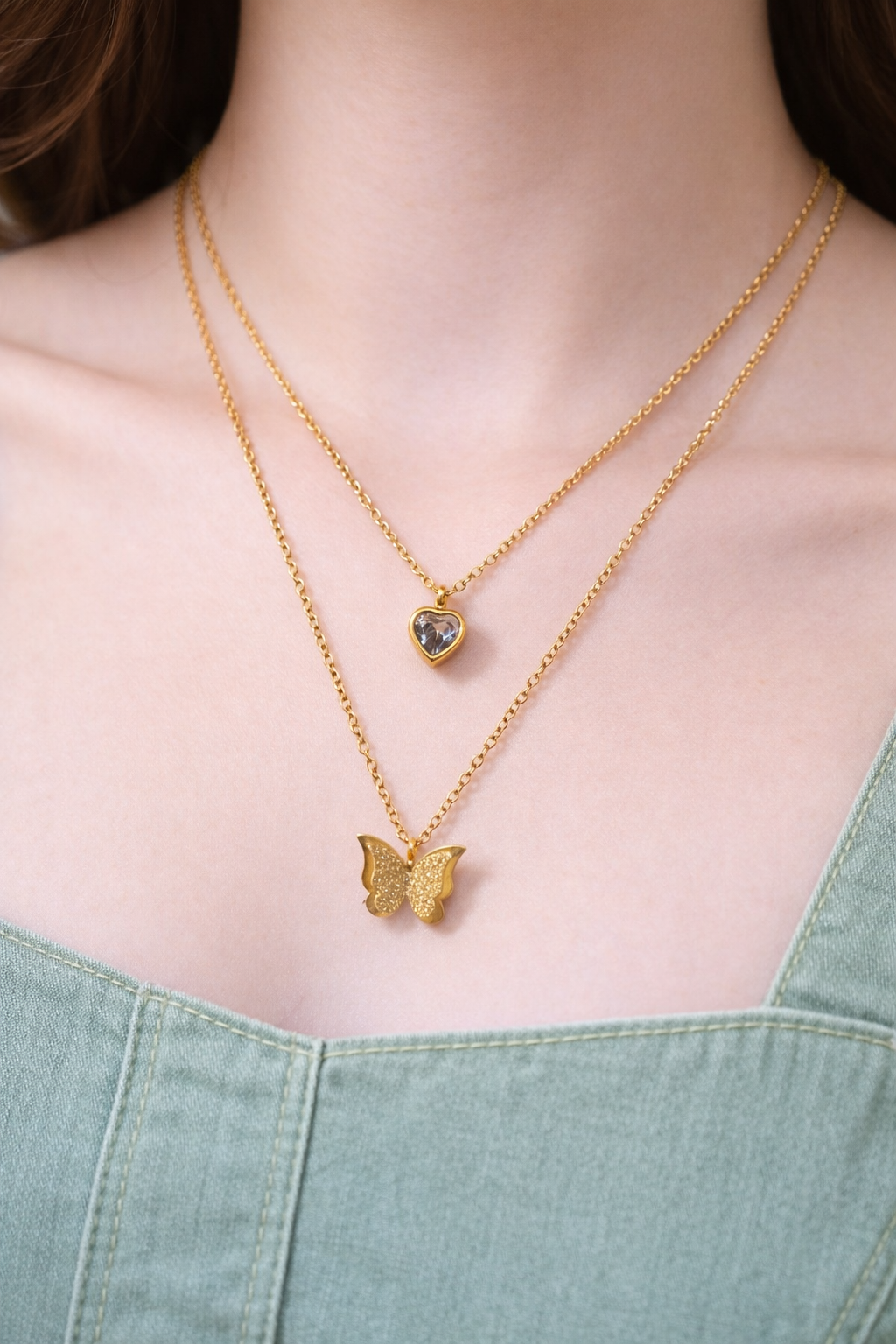 Stylish double chain with heart and butterfly pendant