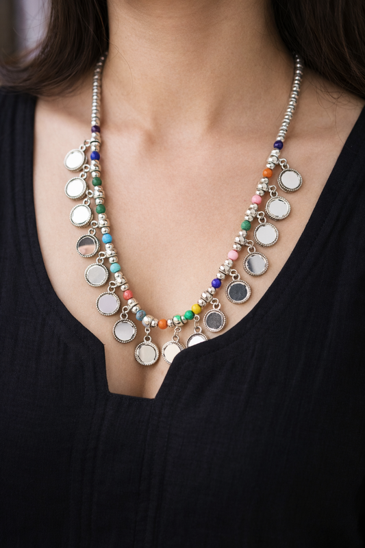 Boho Reflections – Oxidised Mirror Work Necklace