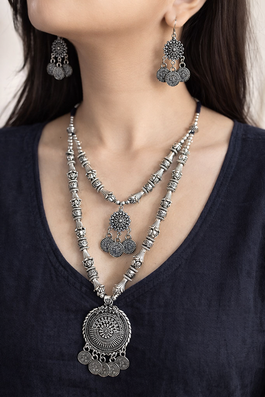 Regal Aura Oxidised Coin Necklace Set