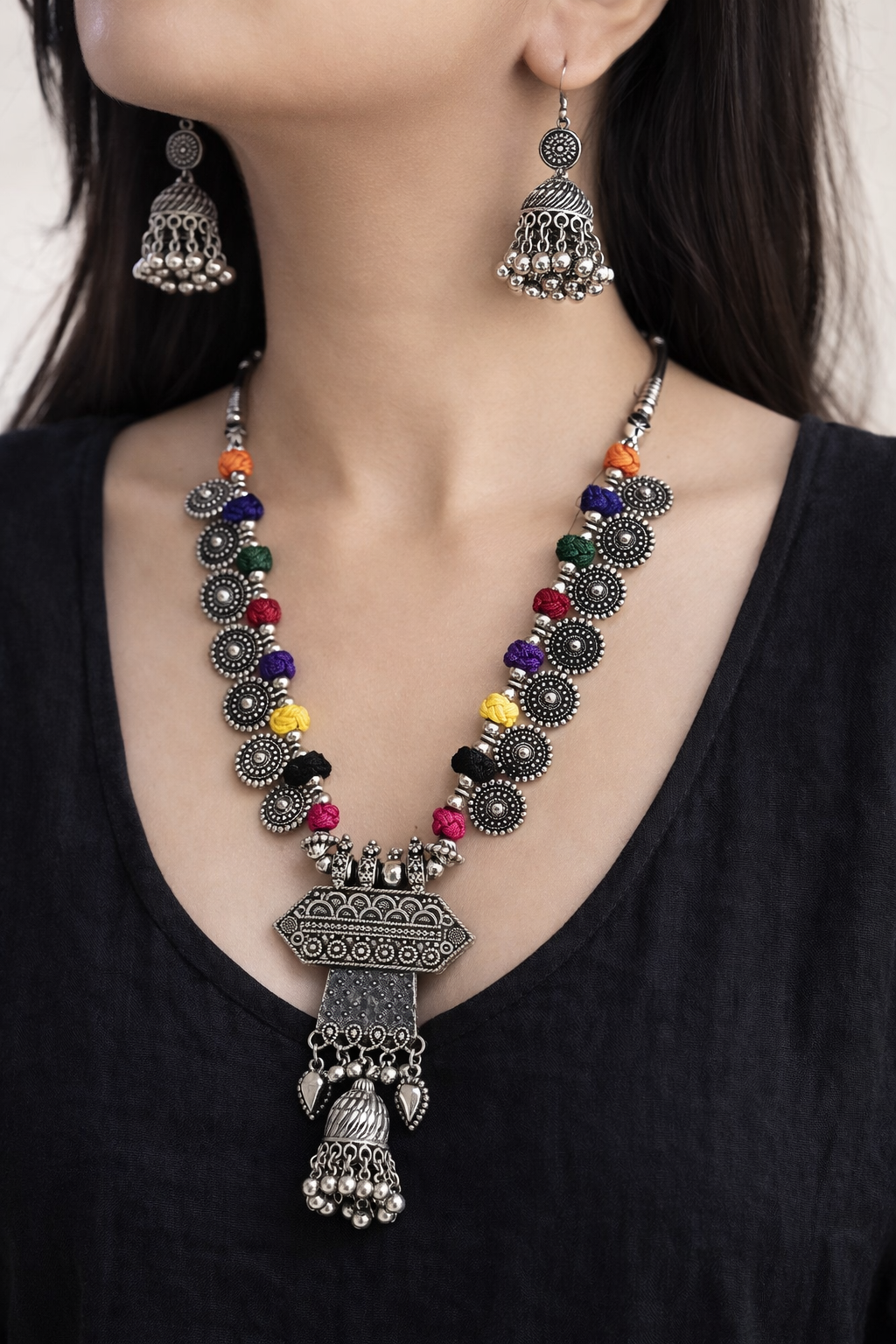 Rustic Radiance Multicolor Oxidised Necklace Set