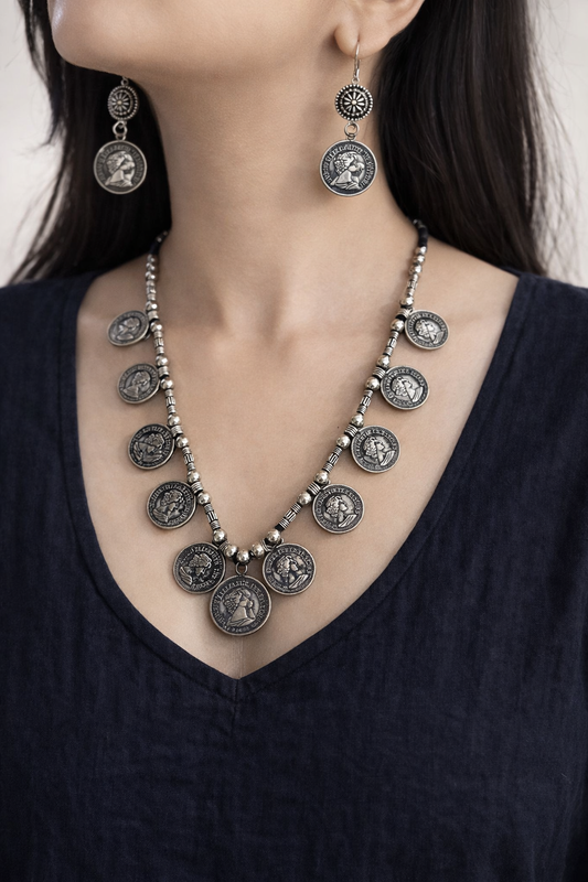 Vintage Charm Oxidised Coin Necklace Set