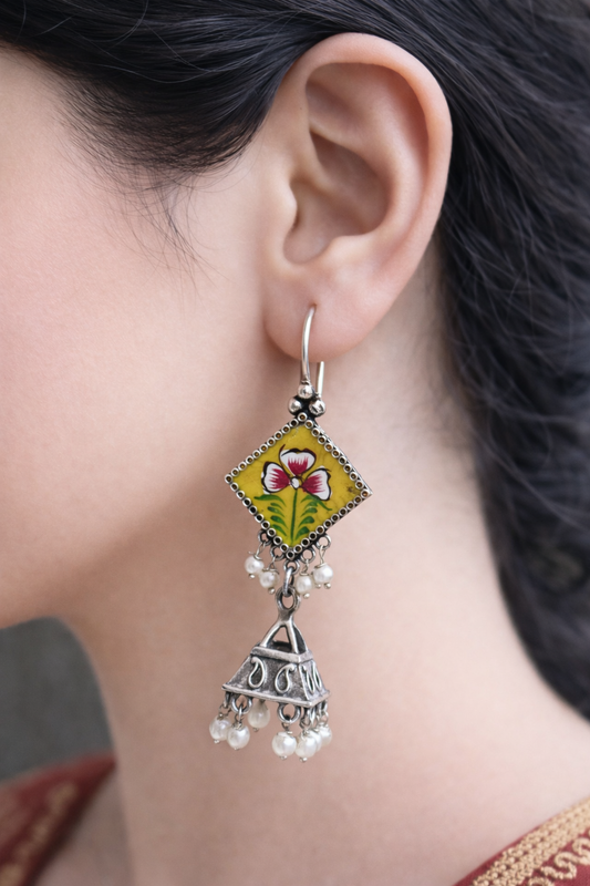 Hand-Painted Blossom Charm Oxidised Earrings