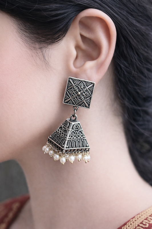 Temple Charm Oxidised Pyramid Jhumkas
